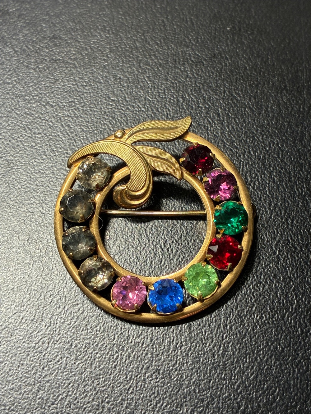 Vintage Multicolor Crystal Circle Brooch - Gold filled